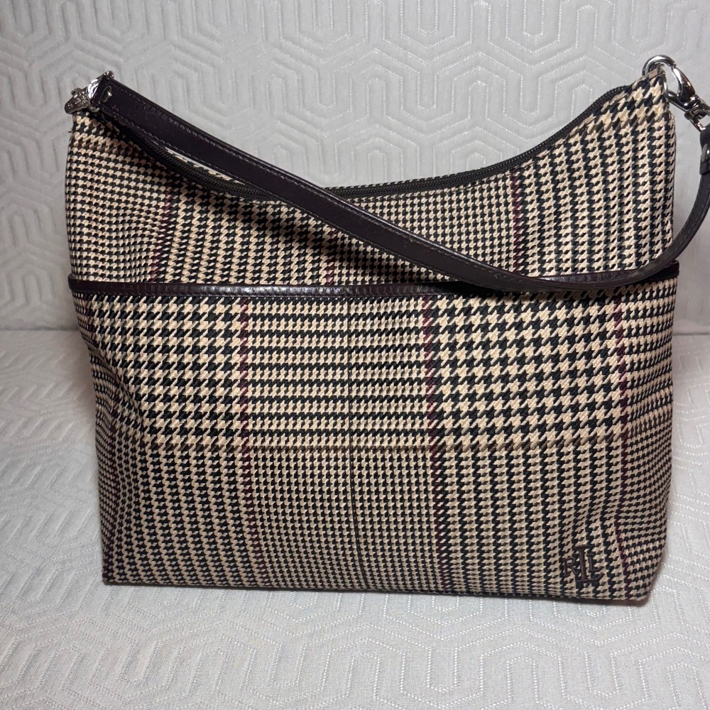 Lauren Ralph Lauren Houndstooth Shoulder Bags Brown Full Zip Detachable Strap